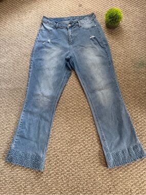 Embroidered Hem Light Blue Flare Jeans